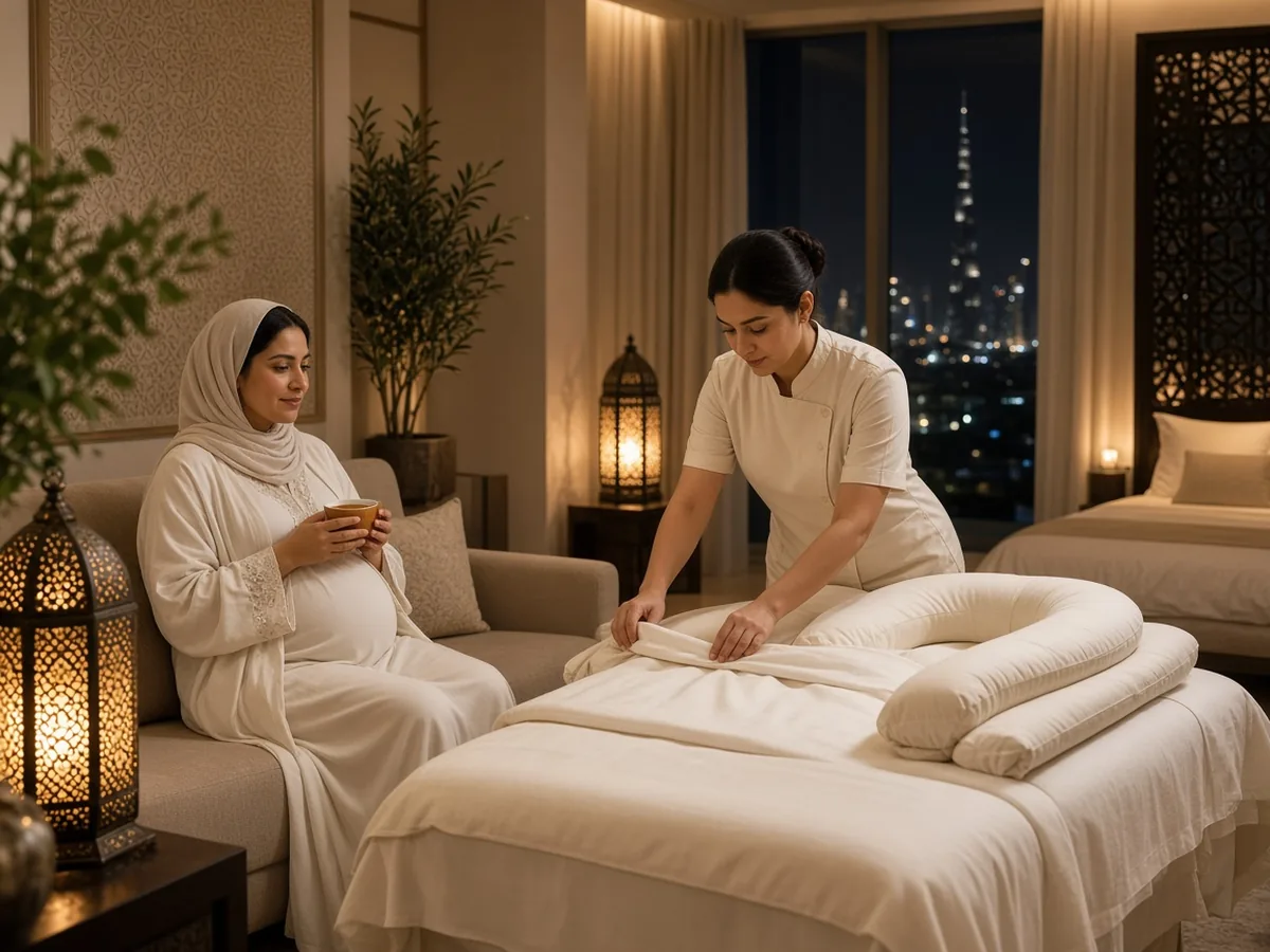 Elite Touch female therapist setting up a portable prenatal massage table with fresh white linens and a pregnancy support pillow in a warm Dubai apartment overlooking the Burj Khalifa at night while the expectant mother relaxes with herbal tea
