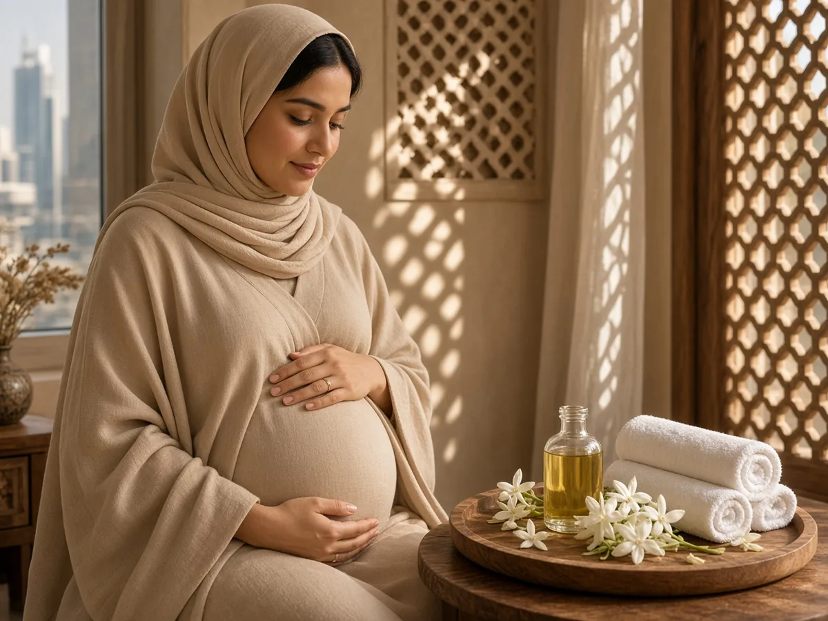 Serene expectant Arab mother in a modest beige abaya cradling her baby bump beside a sunlit mashrabiya window overlooking the Dubai skyline with natural sweet almond massage oil and fresh white towels
