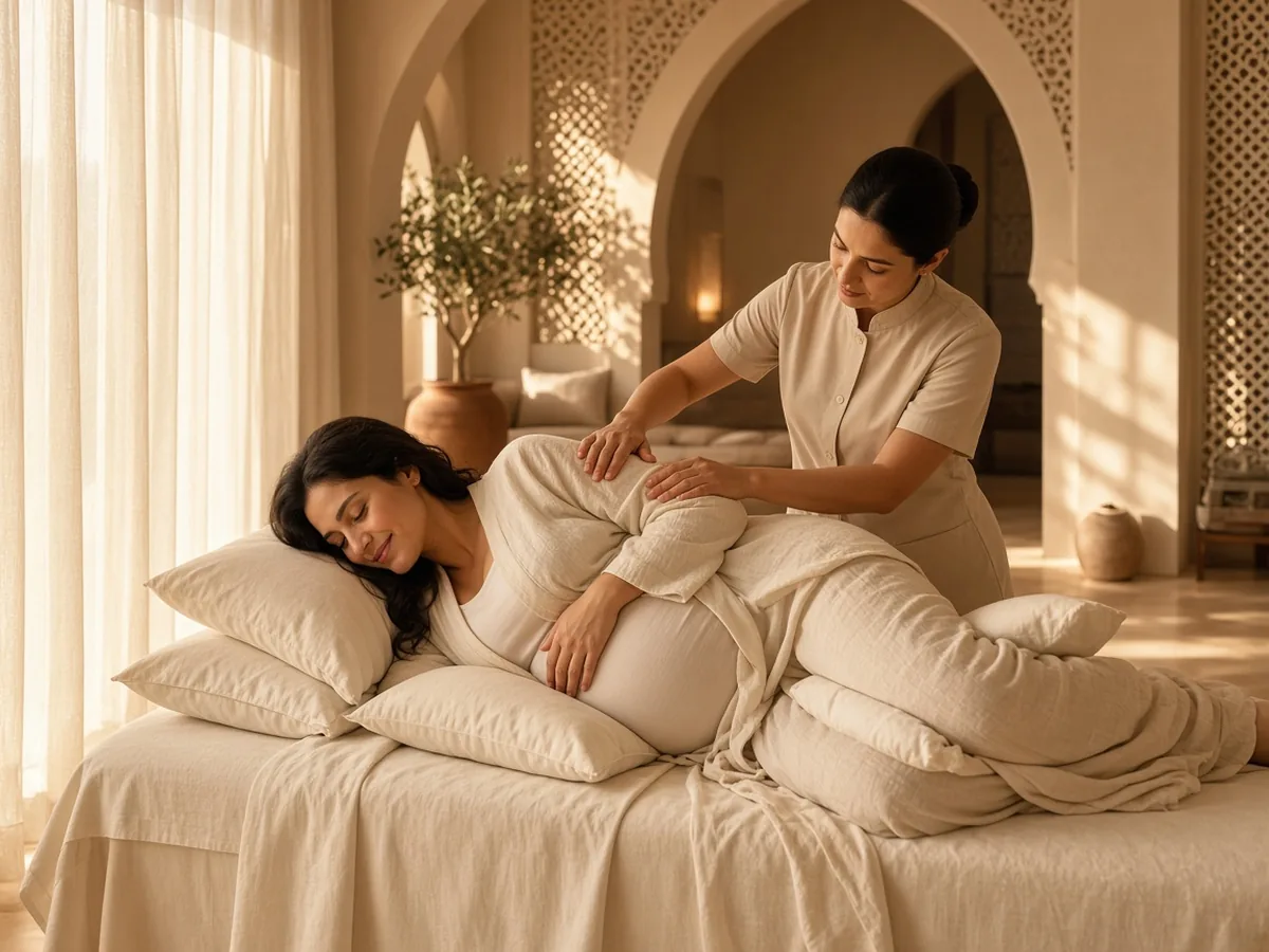 Expectant mother resting in a safe side-lying position with pillow support during a pregnancy massage at home in Dubai by an Elite Touch female therapist